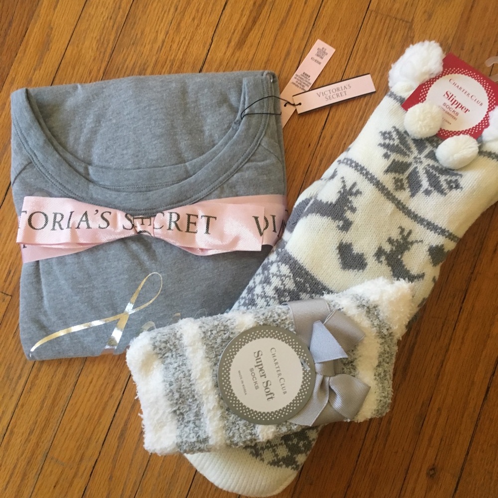Cozy sock slippers, Victoria’s secret sleep t